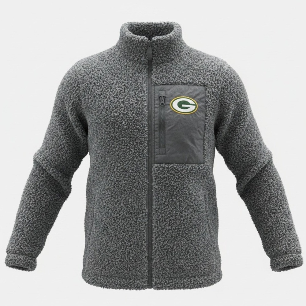 NFL M 10/12 Gray Green Bay Packers Sherpa Fleece Full Zip Jacket Fan Gear